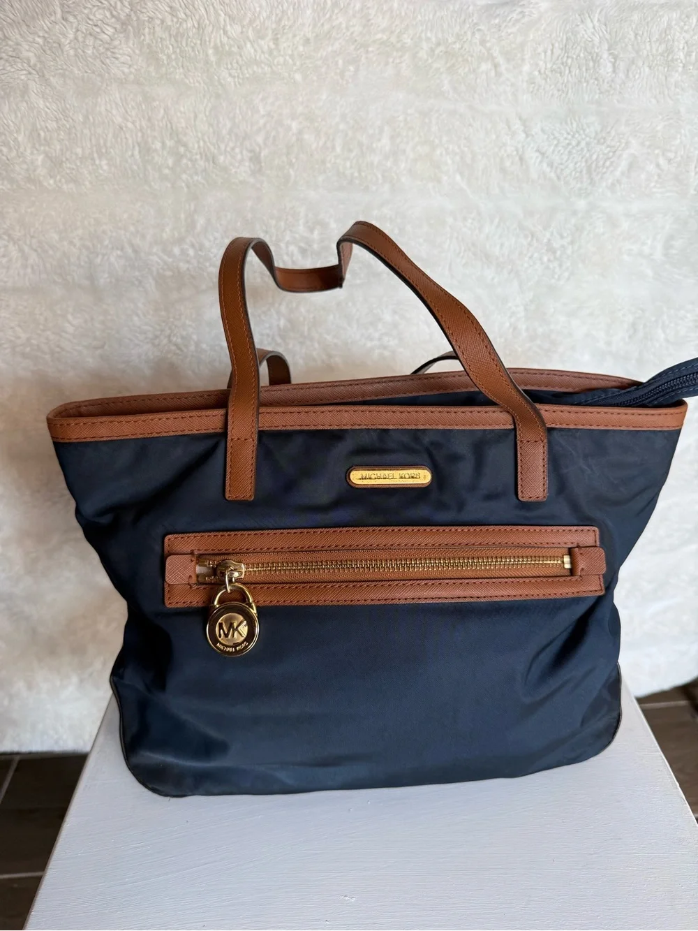 Michael Kors Navy Tote with Brown Leather Trim and Gold Hardware